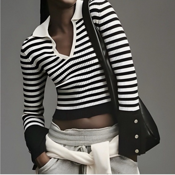 Anthropologie Maeve black & white striped V neck sweater w/ collar - Picture 1 of 5